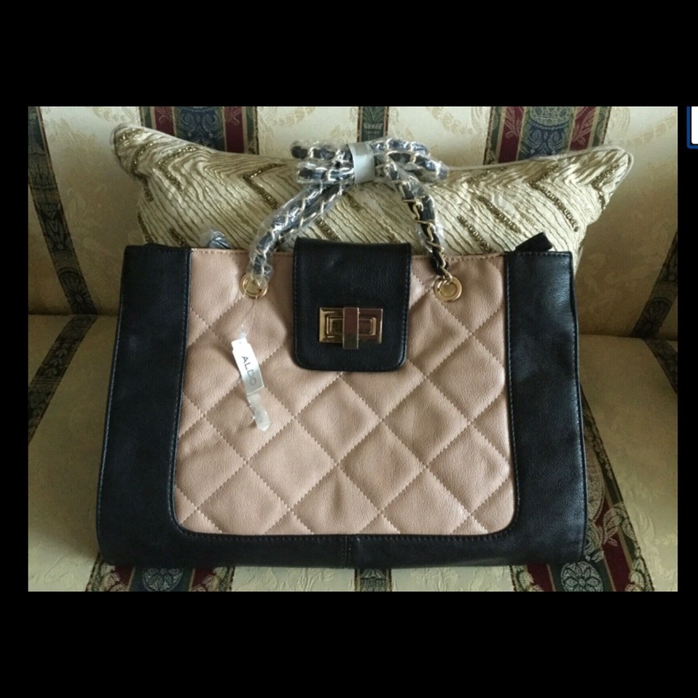 Aldo QUILTED Satchel HANDBAG Shoulder BAG Black/Tan Two Tone